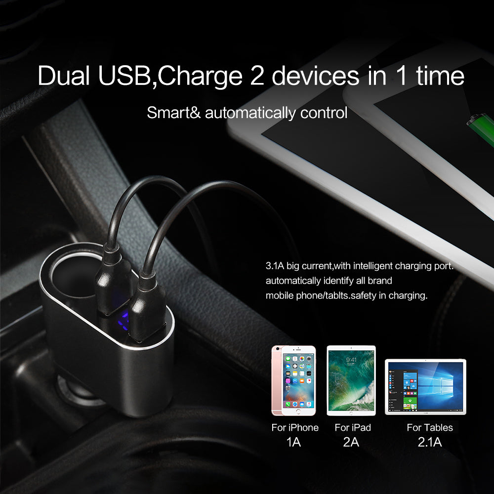 Dual Port USB Car Charger with Cigarette Lighter - FLOVEME