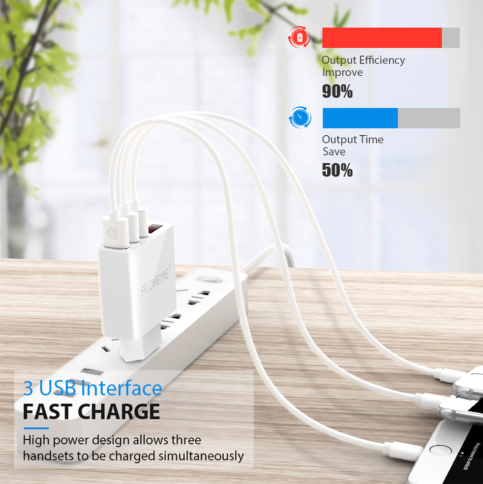 FLOVEME LED Digital 3 Ports USB Charger Universal EU Plug Wall Mobile Phone Charger For iPhone X 8 7 For Samsung S8 S9 Adapter - FLOVEME