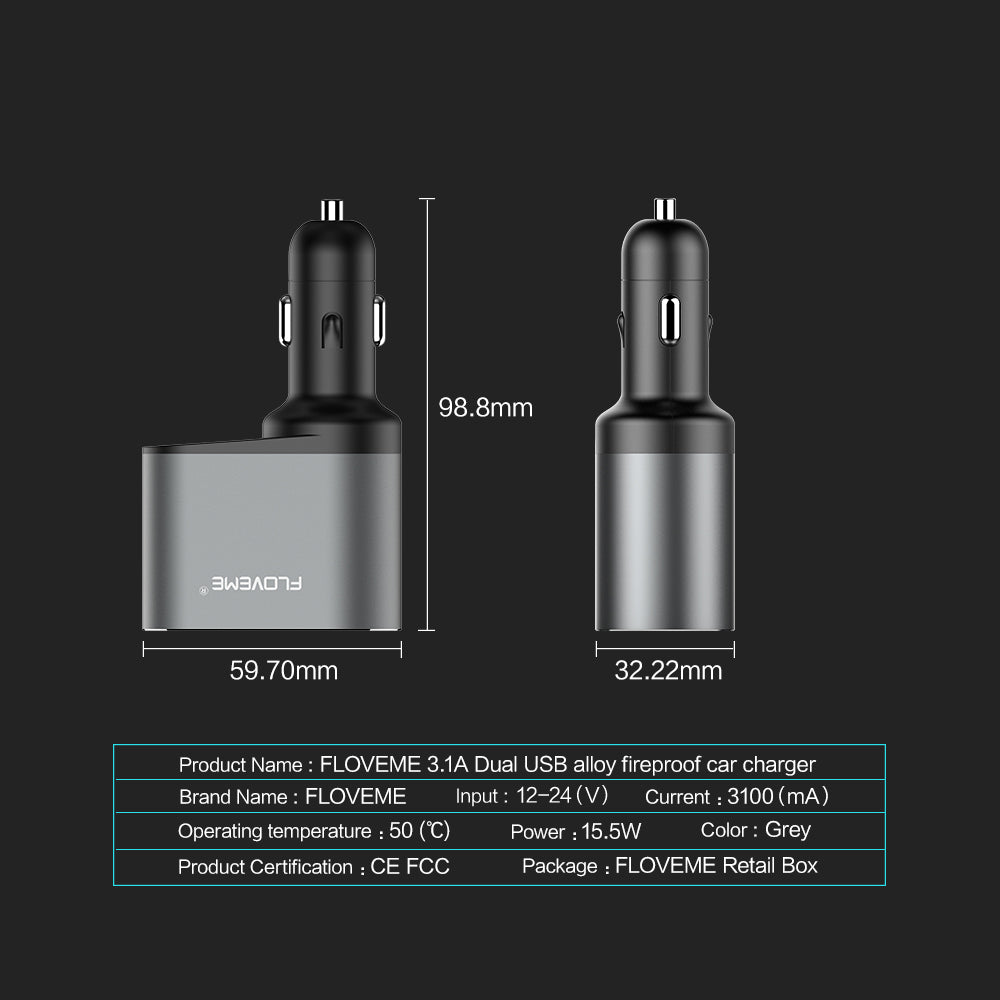 FLOVEME Dual USB Car Charger with Voltage Monitor Cigarette Lighter Socket Splitter 5V 3.1A Fast Charge Car Charger Adapter Compatible for iPhone Xs Max/XR/X/7Plus/8 Samsung Note 9/8/S9 and More - FLOVEME