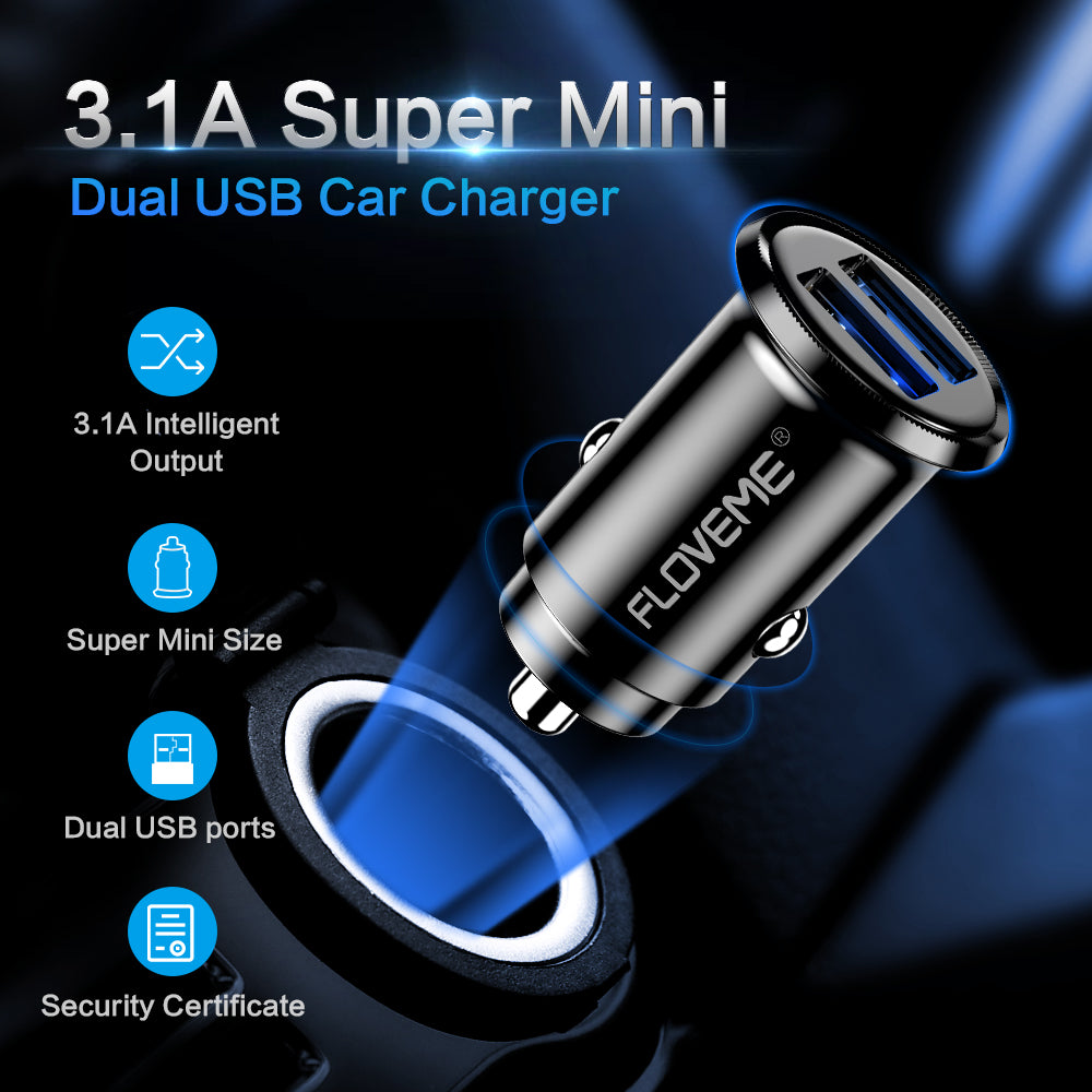 FLOVEME Mini USB Car Charger For iPhone X 8 7 6 Plus 3.1A Fast Car Charger For Xiaomi Redmi Note 7 Dual USB Car Charger Adapter - FLOVEME